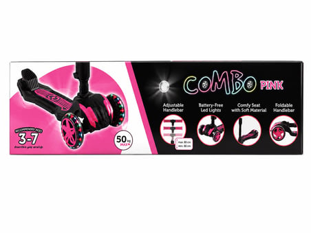 Combo Oturaklı 3 Tekerlekli Katlanabilir Led Işıklı Scooter Pembe