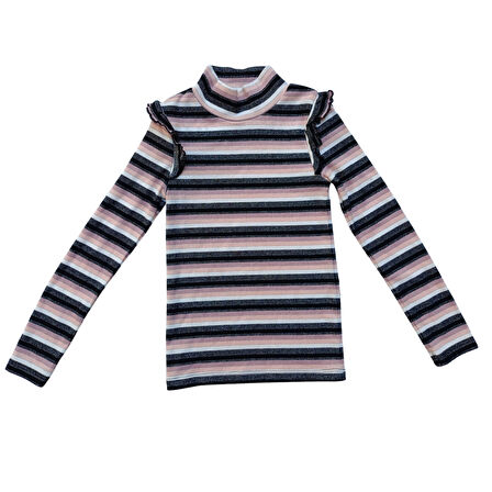 Kız Çocuk Yarım Boğazlı Uzun Kollu Fırfırlı Çizgili Bluz – Pamuklu Viskon Karışımlı