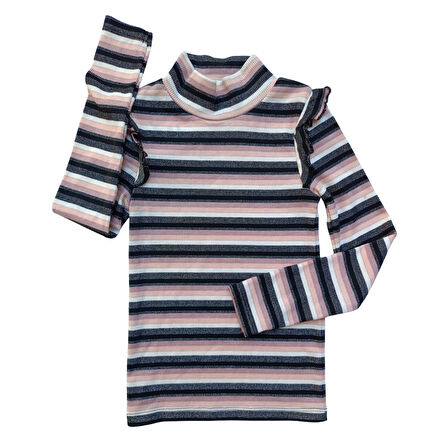 Kız Çocuk Yarım Boğazlı Uzun Kollu Fırfırlı Çizgili Bluz – Pamuklu Viskon Karışımlı