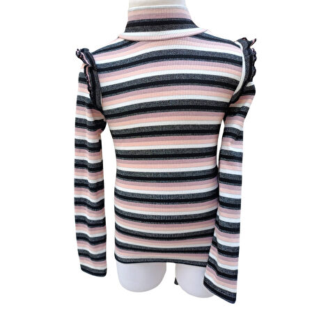 Kız Çocuk Yarım Boğazlı Uzun Kollu Fırfırlı Çizgili Bluz – Pamuklu Viskon Karışımlı