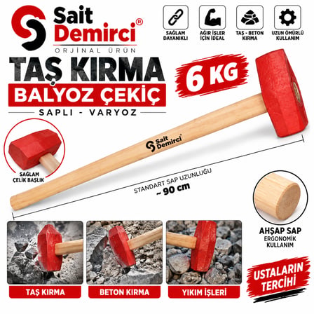 Orjinal Saplı Taş Kırma Çelik Sivri Balyoz Varyoz 6 Kg Saplı