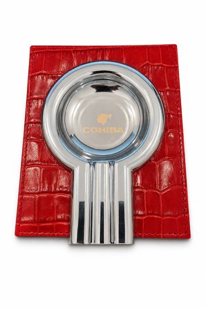 Cohiba Kırmızı Gümüş Timsah Desenli Deri Kenarlı Tekli Puro Küllüğü TR9952
