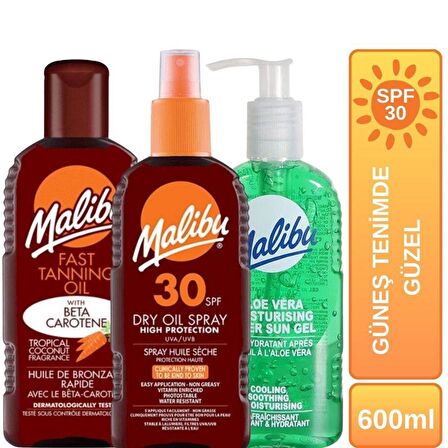 Malibu Dry Oil Sprey + Hızlı Bronzlaştırıcı + Güneş Sonrası Aloe Vera Güneş Tenimde Güzel SPF30 Set