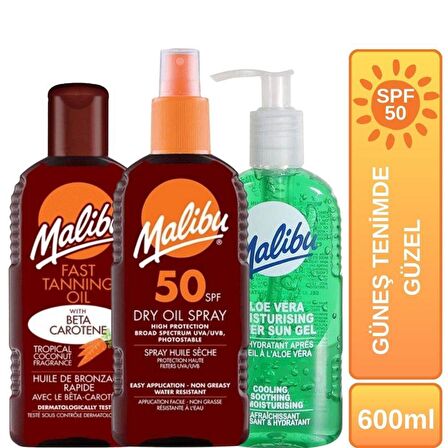 Malibu Dry Oil Sprey + Hızlı Bronzlaştırıcı + Güneş Sonrası Aloe Vera Güneş Tenimde Güzel SPF50 Set