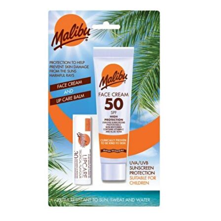 Malibu Güneş Koruyucu SPF50 + Yüz Losyonu SPF50 + Dudak Koruyucu SPF30 Gün Boyu Koruyucu Set