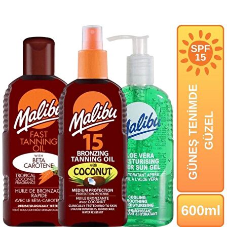 Malibu Koruyucu Bronzlaştırıcı + Hızlı Bronzlaştırıcı + Güneş Sonrası Aloe Vera SPF15 Güneş Tenimde Güzel Set