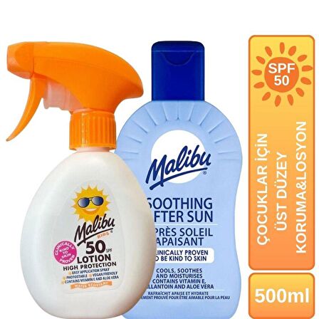 Malibu Güneş Koruyucu Sprey + Güneş Sonrası Yatıştırıcı Çocuklar İçin SPF50 Üst Düzey Korumalı Losyon