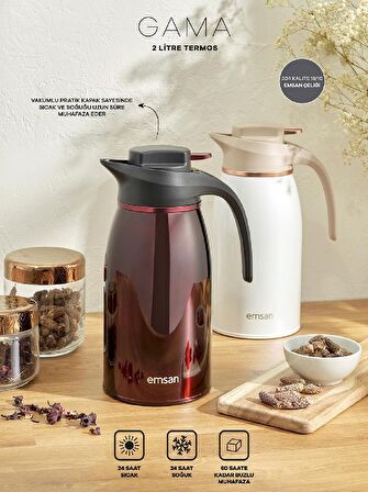 Emsan Gama 12 Saat Sıcak ve Soğuk Tutan Çelik Termos Bordo 2 Litre