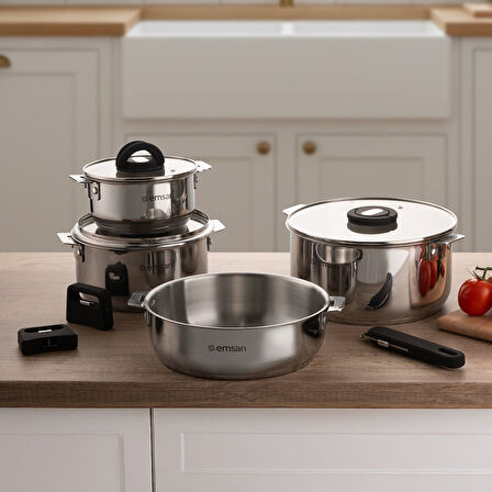 Emsan Steel Click 7 Parça Tencere Seti Açık Gri