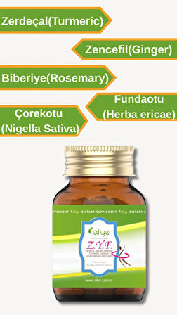 Afye Z.Y.F.( Zerdeçal zencefil, Biberiye , Çörek otu, Funda otu)Takviye Edici Gıda 90 Kapsül