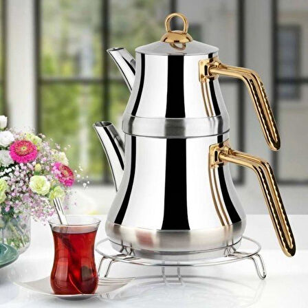 Yonca Lines L-3091 Naz Aile Boy Çelik Çaydanlık Takımı Altın Desenli Kulp