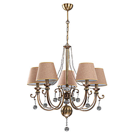 Avize Çarşısı, Image 5 Li Avize, Eskitme Metal Kasa, Açık Kahverengi Hasır Desen Kumaş Abajur, Kristal Taşlı BS.0722-52-05
