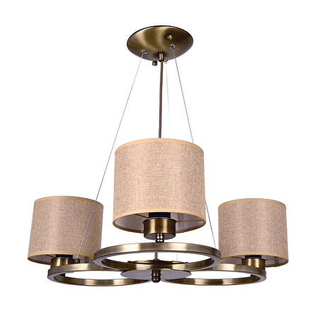 Avize Çarşısı, Melissa 3 Lü Avize, Eskitme Metal Kasa, Açık Kahverengi Hasır Desen Kumaş Abajur BS.7132-52-03E