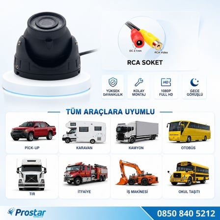 AHD 1080P/Analog CVBS Pal RCA Sarı Soketli Gece Görüşlü Araç İçi Dome Kamera