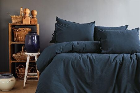Savanna Yıkanmış %100 Pamuk Poplin Lacivert King Size Nevresim Takımı