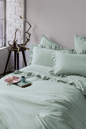 Frill Mint Yıkanmış %100 Pamuk Poplin Nevresim Takımı Çift Kişilik
