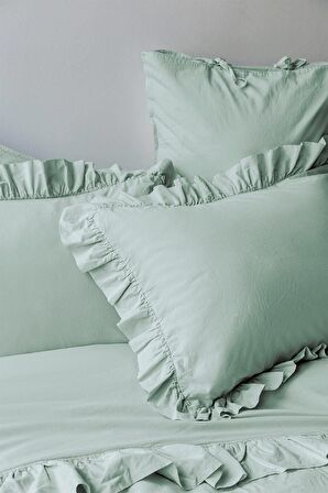 Frill Mint Yıkanmış %100 Pamuk Poplin Nevresim Takımı Çift Kişilik