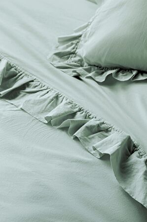 Frill Mint Yıkanmış %100 Pamuk Poplin Nevresim Takımı Çift Kişilik