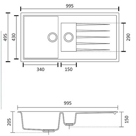 Global 1,5 Göz 50x100 Cm Beyaz Granit Evye + Sifon Bağlantı Hortumları GRNT0054