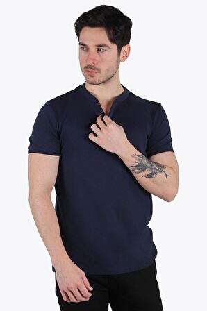 2122 Üç Düğme Hakim Yaka Ribana Modern Fit T-shirt