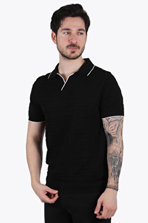 66530 Kendinden Şeritli Triko Polo Yaka T-shirt