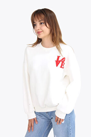 5976 Love Nakışlı Bisiklet Yaka Oversize Sweat (3 İplik)