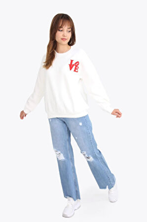 5976 Love Nakışlı Bisiklet Yaka Oversize Sweat (3 İplik)