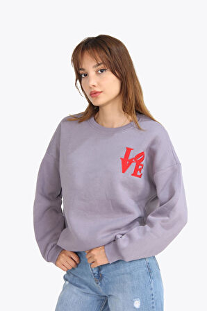 5976 Love Nakışlı Bisiklet Yaka Oversize Sweat (3 İplik)