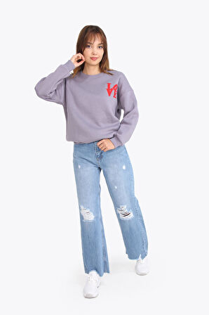 5976 Love Nakışlı Bisiklet Yaka Oversize Sweat (3 İplik)