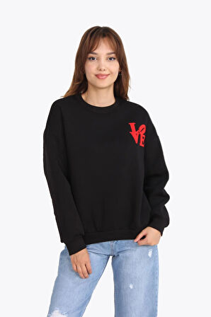 5976 Love Nakışlı Bisiklet Yaka Oversize Sweat (3 İplik)