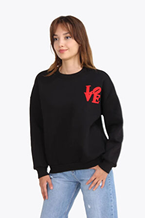 5976 Love Nakışlı Bisiklet Yaka Oversize Sweat (3 İplik)