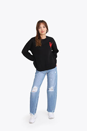 5976 Love Nakışlı Bisiklet Yaka Oversize Sweat (3 İplik)