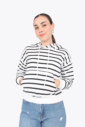 5977 (N-1331) Kapşonlu Çizgili Uzun Kollu Crop Sweat