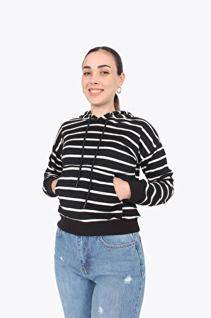 5977 (N-1331) Kapşonlu Çizgili Uzun Kollu Crop Sweat