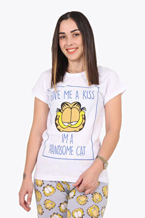 Give Me A Kiss Garfield Baskılı Kısa Kol Uzun Alt Pijama