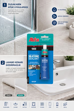 Akfix Şeffaf Silikon 50 ml Çok Amaçlı Universal Silikon Mastik Banyo Mutfak Cam PVC Metal - 100E