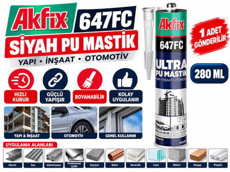 Akfix P647 Fc Ultra Pu Mastik Siyah  Yapı-İnşaat-Otomotiv Demir Sac Alüminyum Paslanmaz Çelik Vs 280 ML