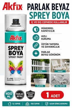 Akfix PARLAK BEYAZ Sprey Boya 400 ML İç Ve Dış Cepehede Kullanılır Mükemmel Kapatıcılık Hızlı Kuruma 1 Adet 
