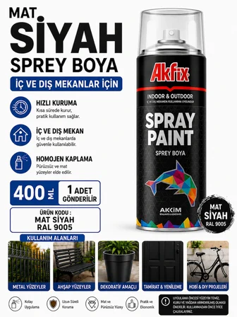 Akfix MAT SİYAH Sprey Boya 400 ML İç Ve Dış Cepehede Kullanılır Mükemmel Kapatıcılık Hızlı Kuruma 1 Adet 