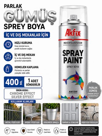 Akfix  GÜMÜŞ Sprey Boya 400 ML İç Ve Dış Cepehede Kullanılır Mükemmel Kapatıcılık Hızlı Kuruma 1 Adet 