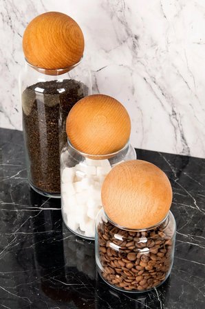 3'lü Ahşap Top Kapaklı Cam Kavanoz Seti Saklama Kabı Baharatlık Bakliyat Seti 1300 Ml-800 Ml-500 ml