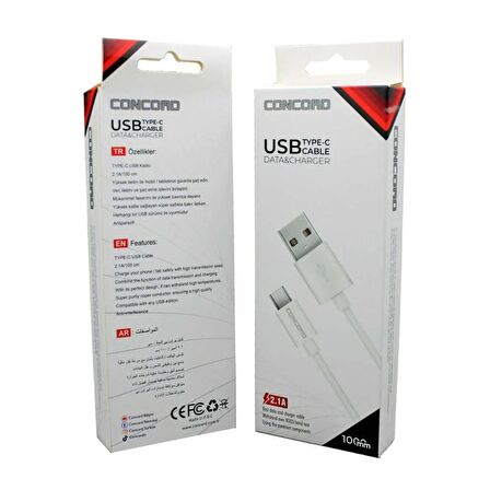 Concord C-821 2.1A 100cm (Type-c) Data ve Şarj Kablosu - Beyaz