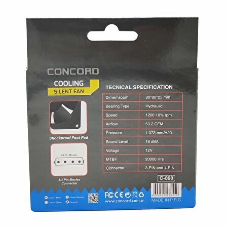 80*80*25mm 12V Leptop Soğutucu Sılent Fan Concord C-890