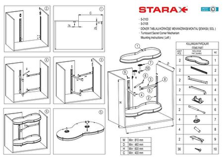 Starax 3015 Krom Kör Köşe Fasulye Kaymaz Döner Tablalı Sol