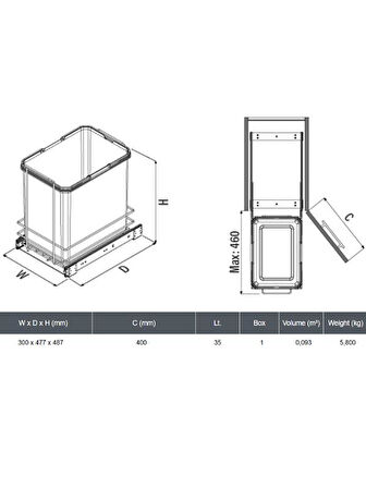 Starax S-2580-A Bağımsız Teleskopik Raylı Zemin Bağlantılı Plastik 35 Lt. Antrasit Çöp Kovası