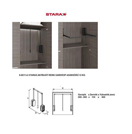 STARAX GARDROP ASANSÖRÜ (12KG) ANTRASİT S-6011-A 600-850mm