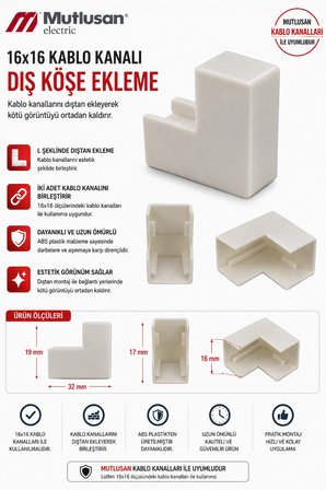 MUTLUSAN 16x16 Kablo Kanalı DIŞ Köşe Plastik Beyaz