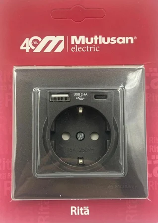MUTLUSAN RİTA USB+TYPE-C Lİ TOPRAKLI PRİZ FÜME
