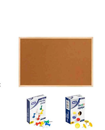 Panda 60x90 cm Ahşap Çerçeve Mantar Pano + 1 Paket Harita Çivisi + 1 Paket Raptiye  