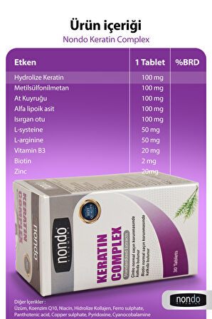 Keratın Complex 30 Tablet (HYDROLİZE KERATİN, BİOTİN, KOENZİM Q10, AT KUYRUĞU, ÇİNKO, İSIRGAN OTU)